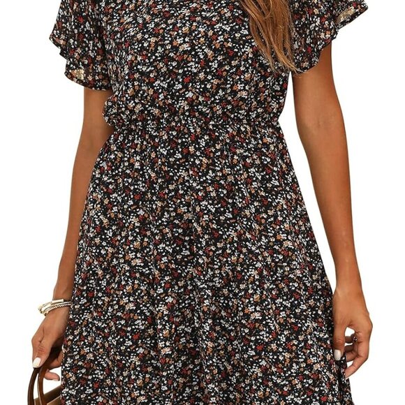 Women's Chiffon Floral Dresses Casual Summer Boho Flutter Sleeve Flowy Skater We - Picture 1 of 7